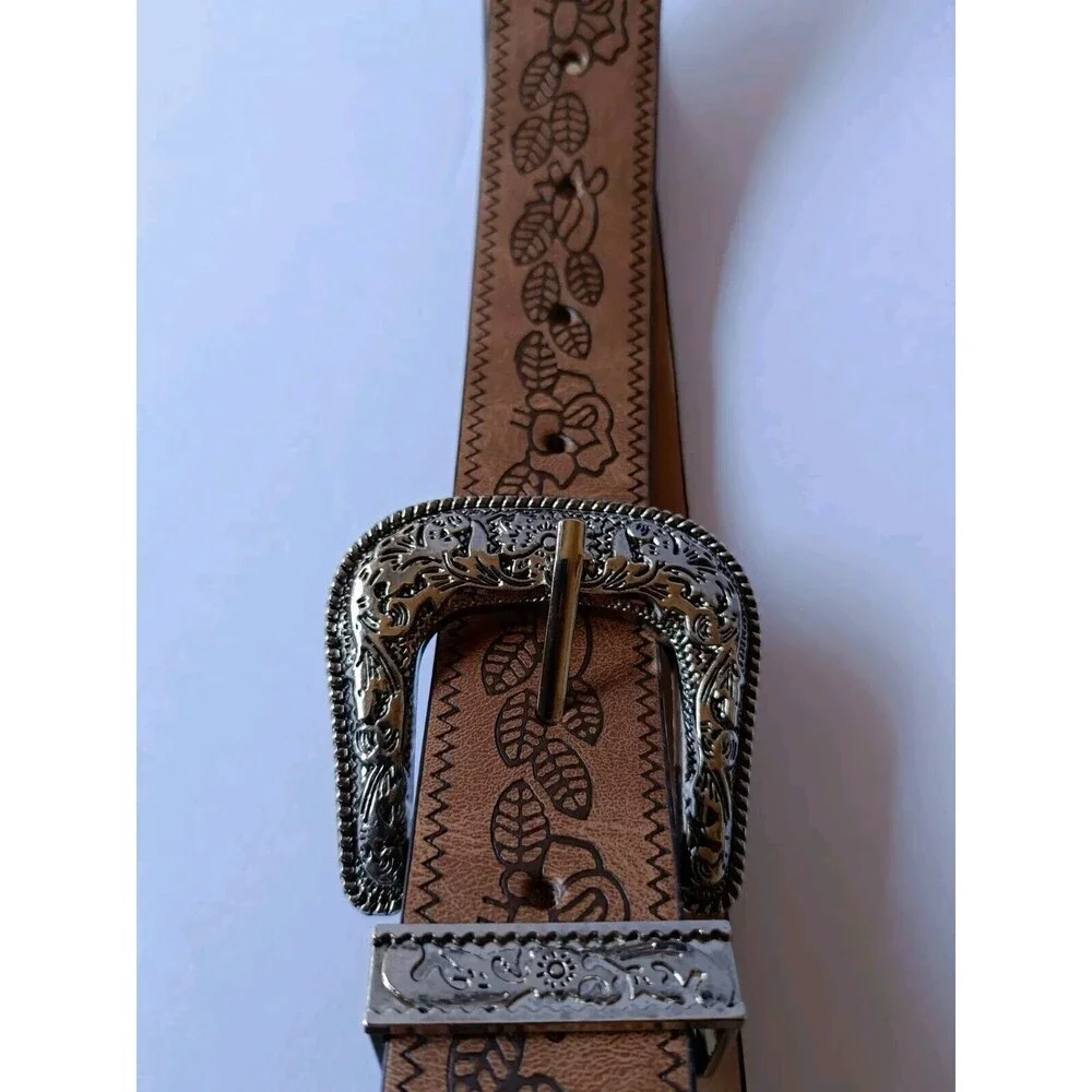 Western Floral Belt Genuine Leather Women's Size 42 Brown Silver Buckle